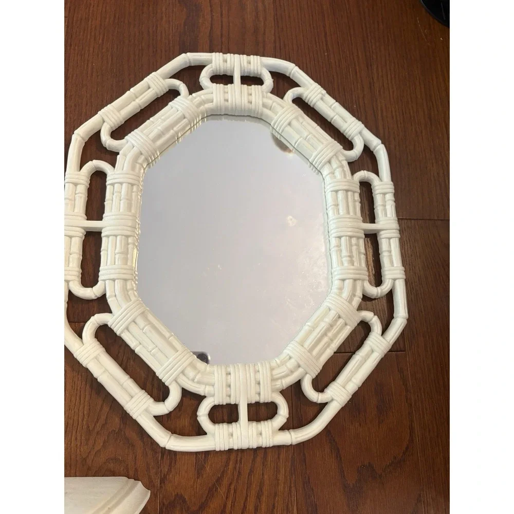 Homco Bathroom Wall Decor Set Faux Wicker Mirror Shelf Candle Towel Holder
